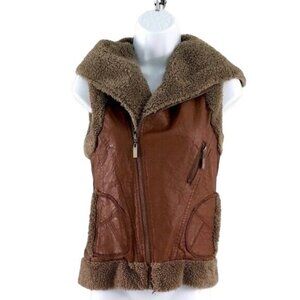 Miilla Shearling Faux Leather Vest Brown Small Lined Zip Pockets Hood Vegan READ